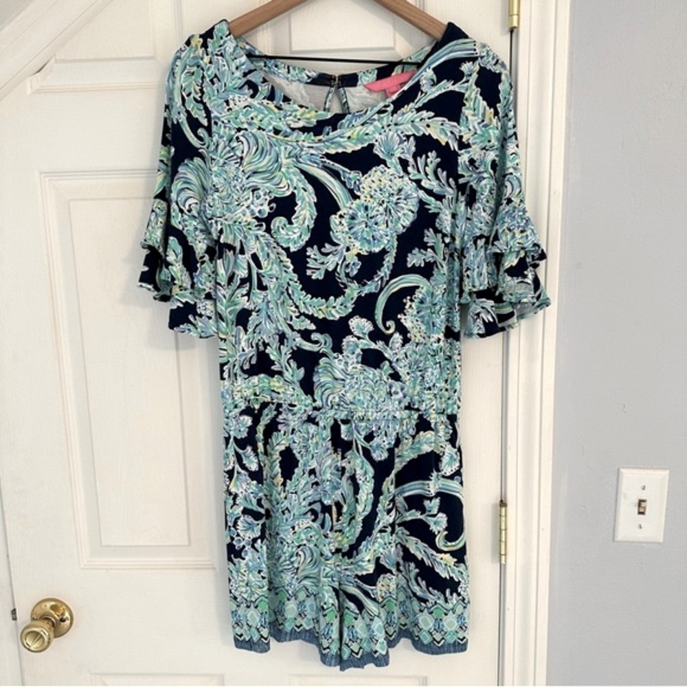 Lilly Pulitzer Lula Romper High Tide Navy Scuba Doo Ruffled Sleeves, Size Medium - Picture 3 of 15